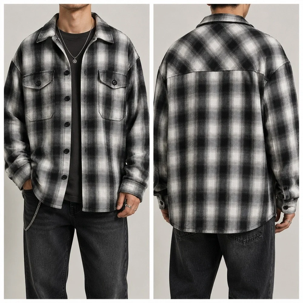 Lucky Brand Plaid Shirt Jacket Mens XL Black White Cotton Flannel Shacket Coat